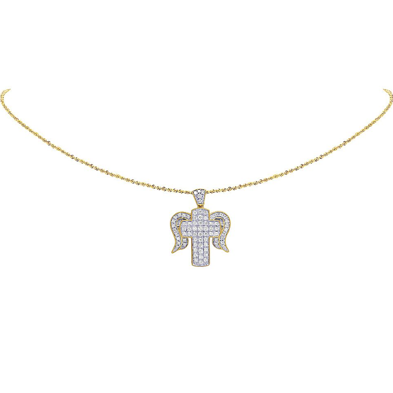 Unisex 10K Yellow Gold Cross Angel Wing Pendant