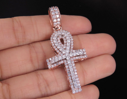 Custom 10K Lab Grown Diamond Dome Ankh Cross Pendant