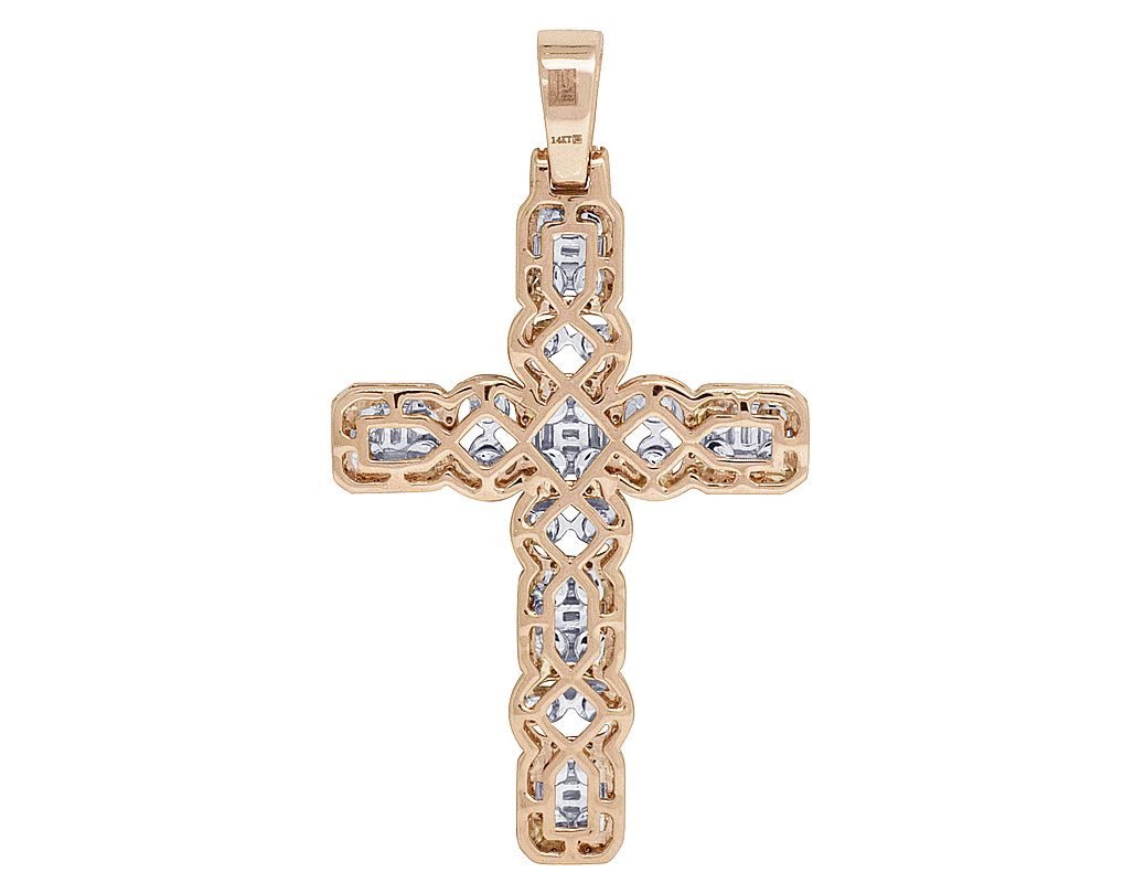 14K Lab Grown Diamond Baguette Halo Bezel Set Cross Pendant