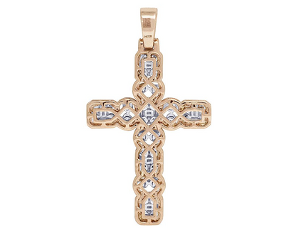 14K Lab Grown Diamond Baguette Halo Bezel Set Cross Pendant