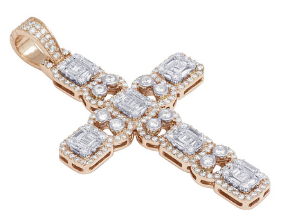 14K Lab Grown Diamond Baguette Halo Bezel Set Cross Pendant