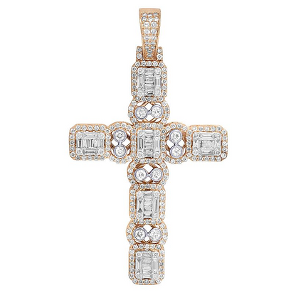 14K Lab Grown Diamond Baguette Halo Bezel Set Cross Pendant