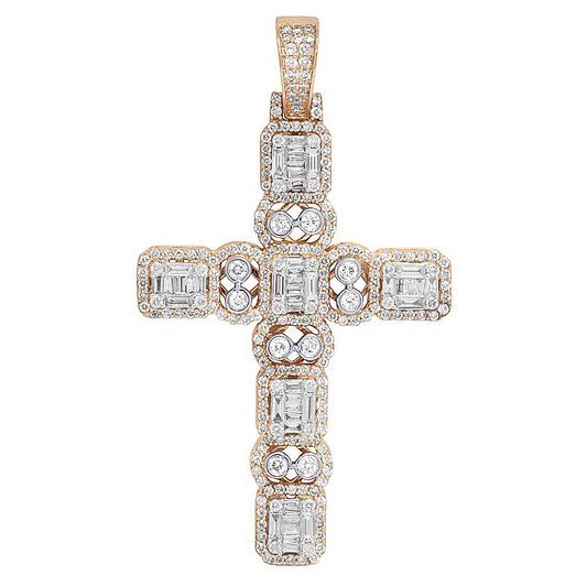 14K Lab Grown Diamond Baguette Halo Bezel Set Cross Pendant