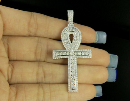 10K White/Yellow Gold Lab Grown Diamond Ankh Cross Pendant
