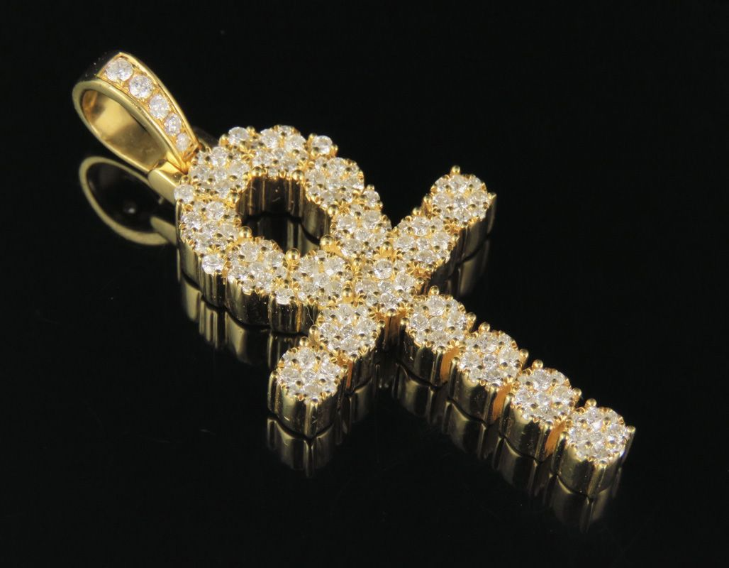 1.8 Inch Lab Grown Diamond 10K Cluster Ankh Cross Pendant