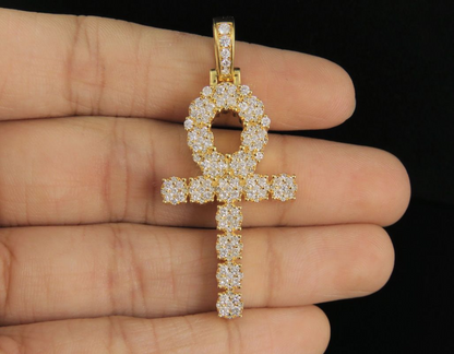 1.8 Inch Lab Grown Diamond 10K Cluster Ankh Cross Pendant