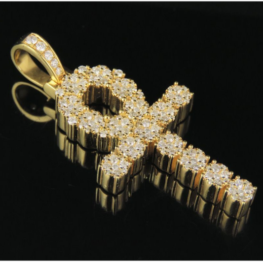 1.8 Inch Lab Grown Diamond 10K Cluster Ankh Cross Pendant