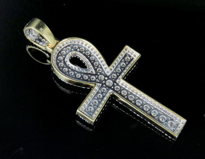 10K White/Yellow Gold Lab Grown Diamond Ankh Cross Pendant