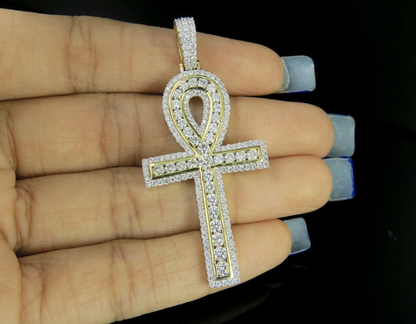 10K White/Yellow Gold Lab Grown Diamond Ankh Cross Pendant
