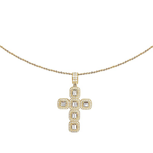 2 Inch 14k Baguette Square Block Lab Grown Diamond Cross Pendant