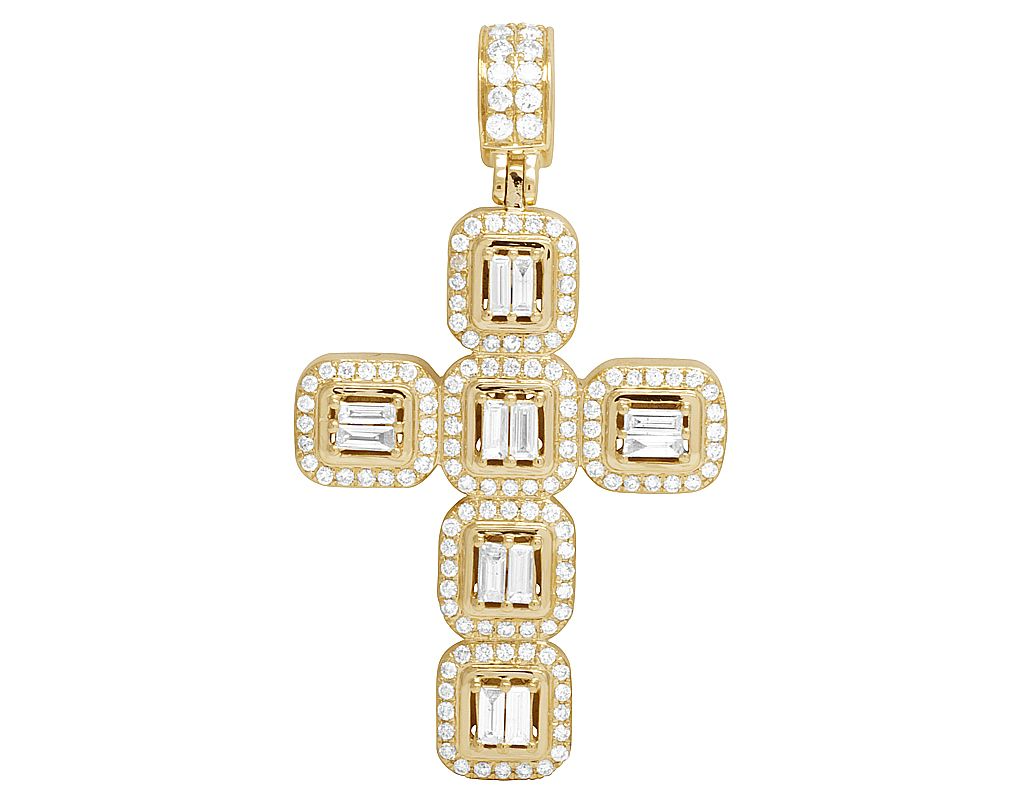 2 Inch 14k Baguette Square Block Lab Grown Diamond Cross Pendant