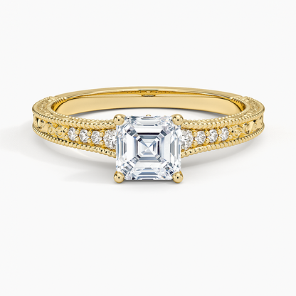 3/4CT Asscher Lab Grown Diamond Engraved Engagement Ring