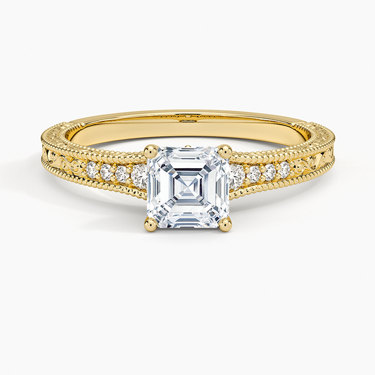 3/4CT Asscher Lab Grown Diamond Engraved Engagement Ring