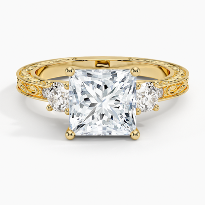 2Ct Princess Lab Grown Diamond Three Stone Gold Engraved Ring