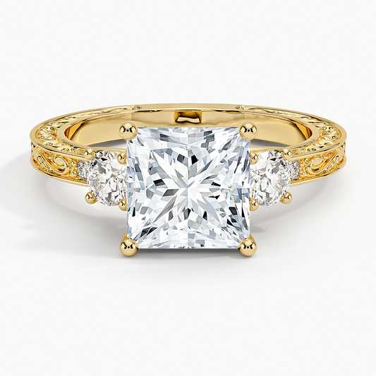 2Ct Princess Lab Grown Diamond Three Stone Gold Engraved Ring