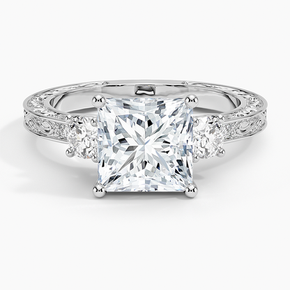 2Ct Princess Lab Grown Diamond Three Stone Gold Engraved Ring