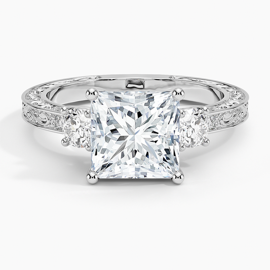 2Ct Princess Lab Grown Diamond Three Stone Gold Engraved Ring