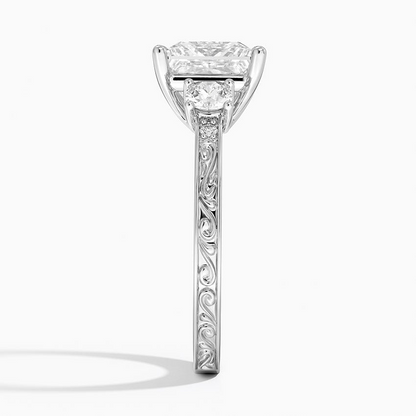 2Ct Princess Lab Grown Diamond Three Stone Gold Engraved Ring