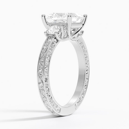 2Ct Princess Lab Grown Diamond Three Stone Gold Engraved Ring