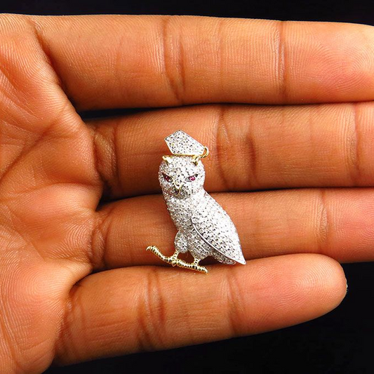 1.25 Inch Lab Grown Diamond 10K Gold Owl Pendant
