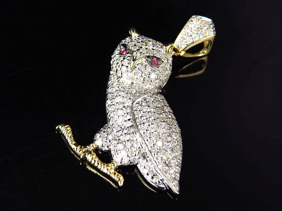 1.25 Inch Lab Grown Diamond 10K Gold Owl Pendant
