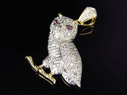 1.25 Inch Lab Grown Diamond 10K Gold Owl Pendant