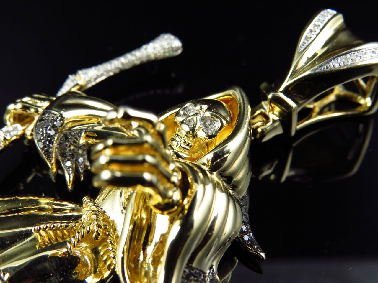 2.62 Inch Lab Grown Diamond 10K Gold Grim Reaper Pendant