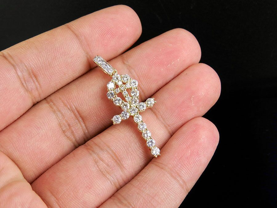 Iced out Lab Grown Diamond One Row Solitaire Ankh Cross Pendant