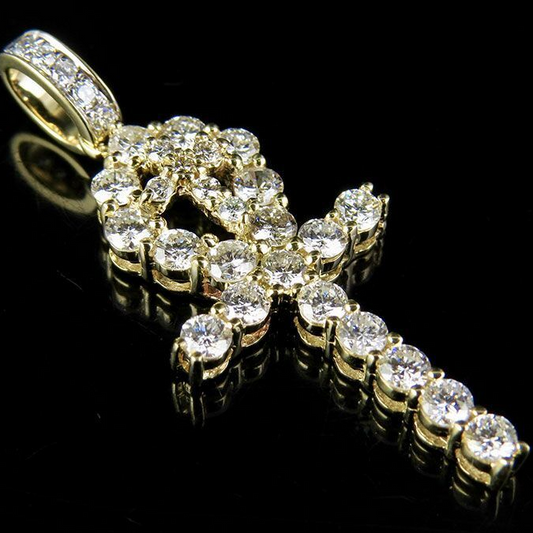 Iced out Lab Grown Diamond One Row Solitaire Ankh Cross Pendant