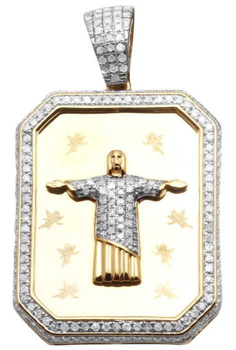 Dog Tag Jesus Christ The Redeemer Gold Lab Grown Charm Pendant