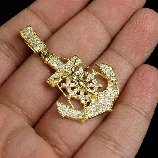 Anchor Crucifix Lab Grown Diamond Yellow Gold Pendant