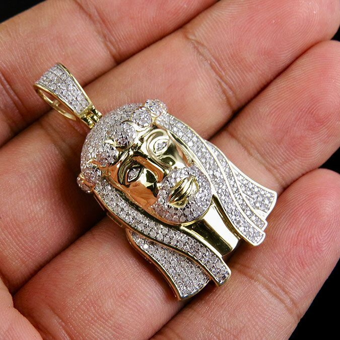 0.93 Inch Gold Lab Grown Diamond Jesus Face Pendant