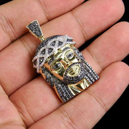10K Gold Black Onyx Lab Grown Diamond Jesus Pendant