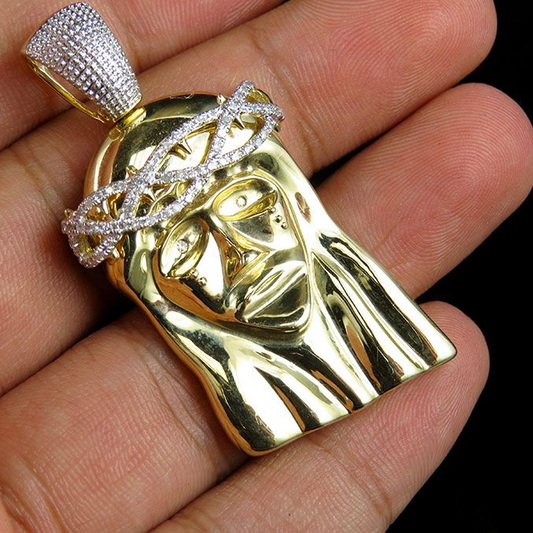 Jesus Face Crown Lab Grown Diamond Yellow Gold Pendant