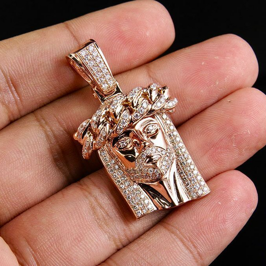 Rose Gold Lab Grown Diamond Cuban Link Crown Jesus Pendant