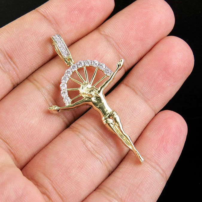 Lab Grown Diamond Crucifix Gold Jesus Charm Pendant