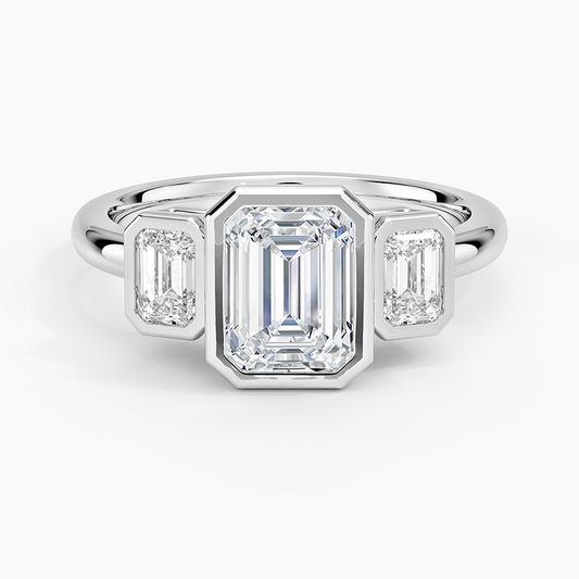 1 1/4 CT Emerald Cut Lab Grown Diamond Bezel Set 3 Ston Engagement Ring