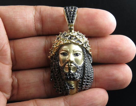 Lab Grown Diamond Black Onyx Matte Jesus Gold Pendant