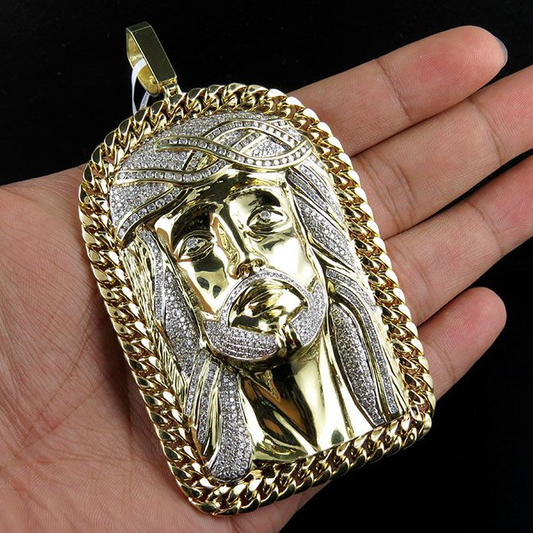 Jesus Face Cuban Link Gold Lab Grown Diamond Pendant