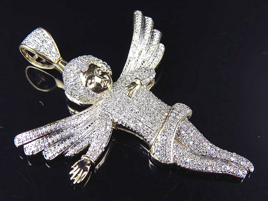10K Yellow Gold Fully Iced Out Lab Grown Diamond Directing Angel Pendant