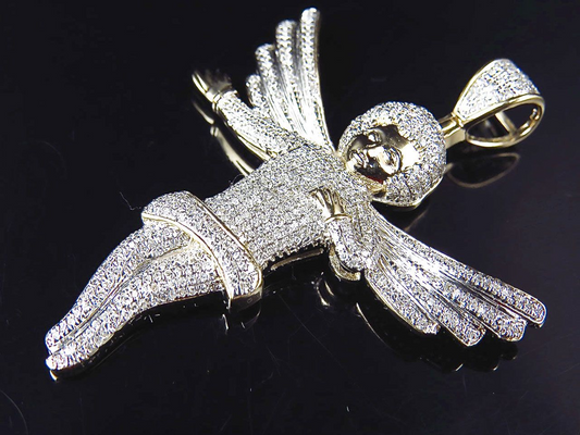 10K Yellow Gold Fully Iced Out Lab Grown Diamond Directing Angel Pendant