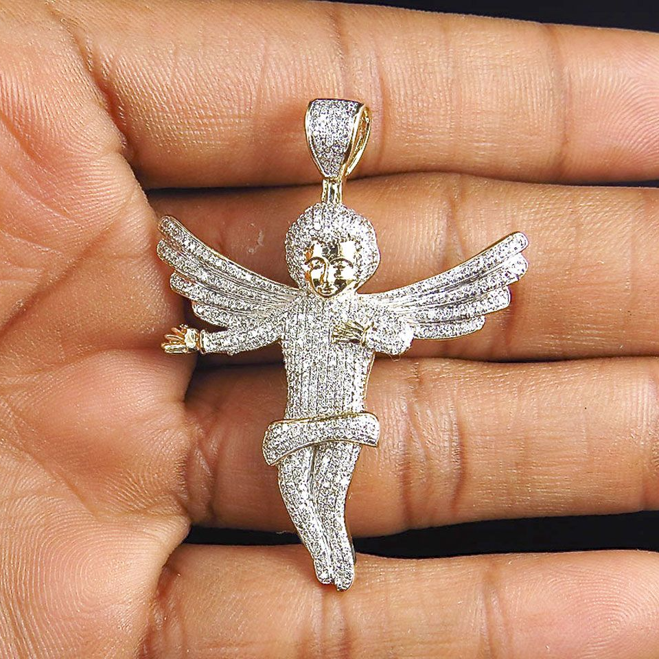 10K Yellow Gold Fully Iced Out Lab Grown Diamond Directing Angel Pendant