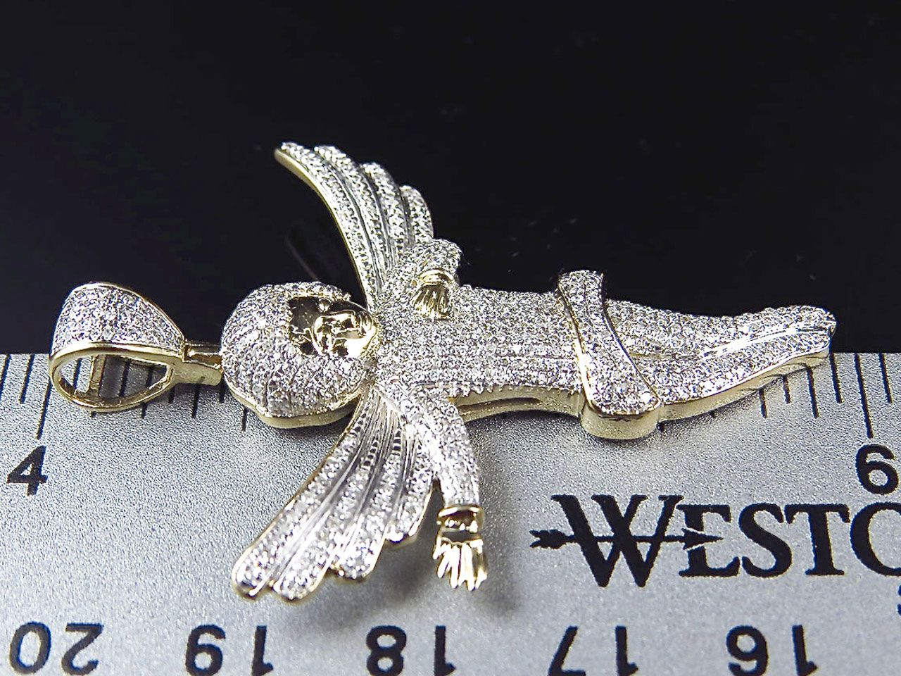 10K Yellow Gold Fully Iced Out Lab Grown Diamond Directing Angel Pendant