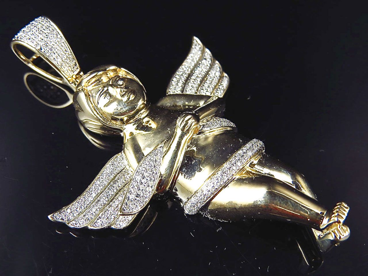 2.75" 10K Yellow Gold Lab Grown Diamond Prayer Angel Pendant