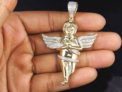 2.75" 10K Yellow Gold Lab Grown Diamond Prayer Angel Pendant