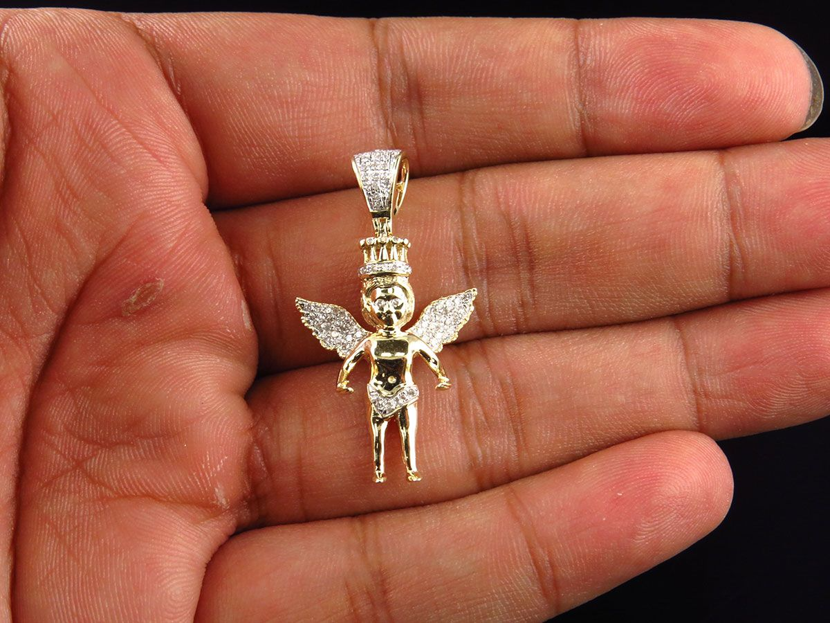 10K Yellow Gold Lab Grown Diamond Crowned Angel Charm Pendant