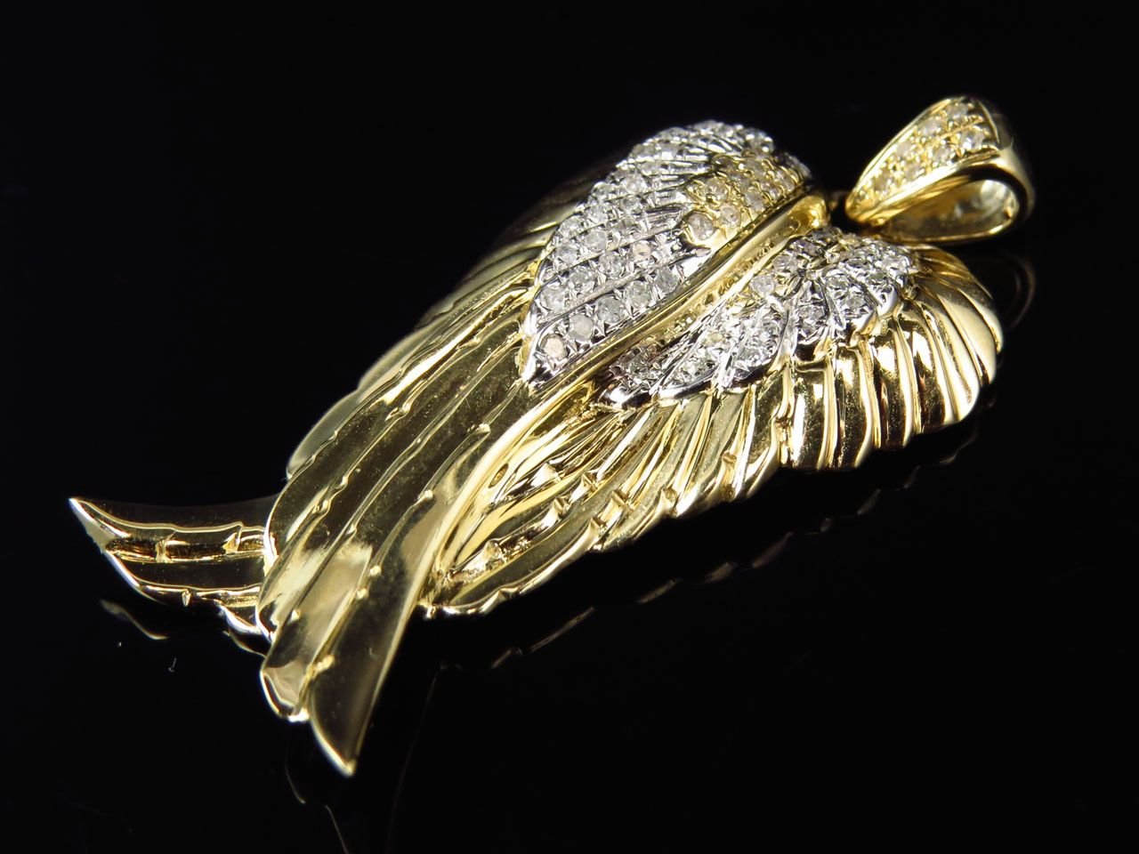 1.5" 10K Yellow Gold Lab Grown Diamond Folded Angel Wing Pendant