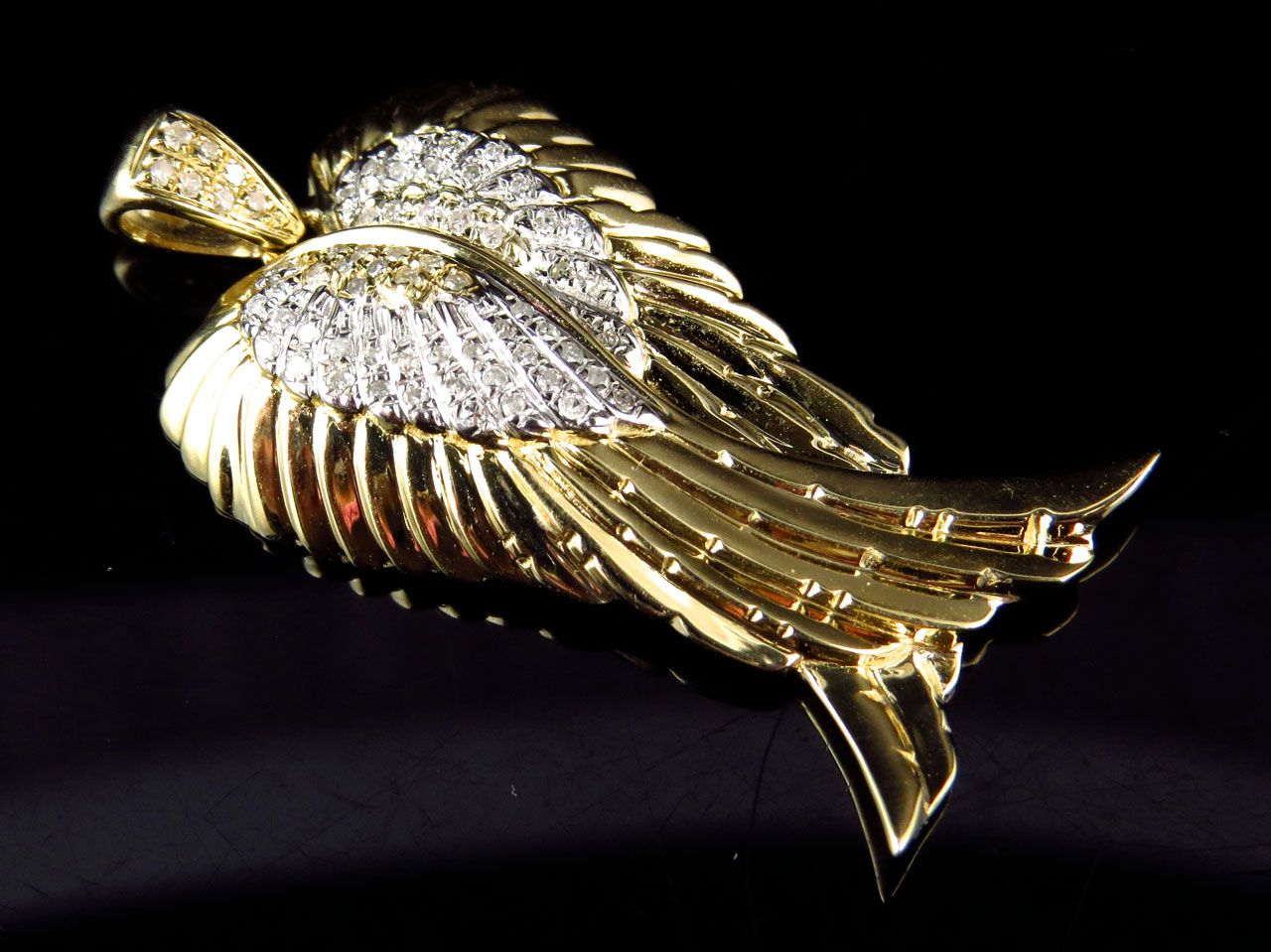 1.5" 10K Yellow Gold Lab Grown Diamond Folded Angel Wing Pendant