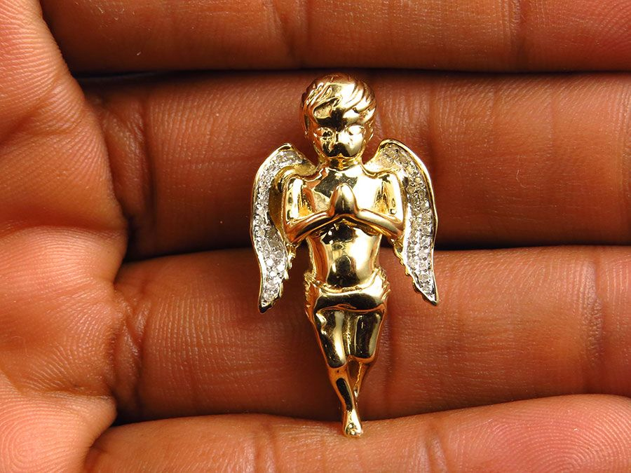 1.25" 10K Yellow Gold Lab Grown Diamond 3D Angel Charm Pendant