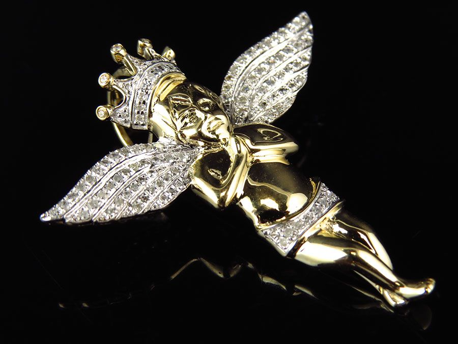 1.5" Yellow Gold 3D Crowned Lab Grown Diamond Angel Pendant